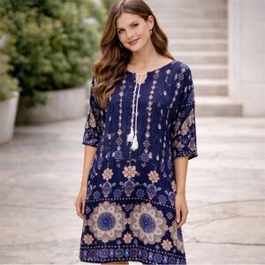 Halife Boho Floral Navy Dress 2XL